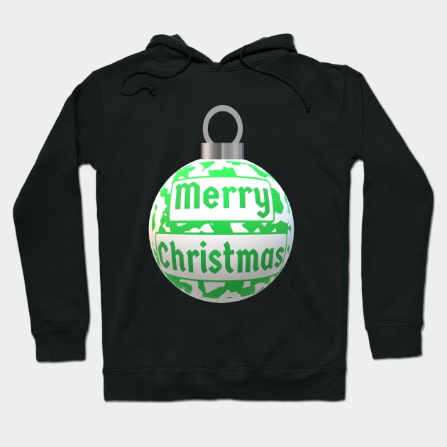 Christmas Tree Ornament with Merry Christmas Greeting and Wintergreen and White Abstract Peppermint Candy Cane Design Hoodie by Art By LM Designs 